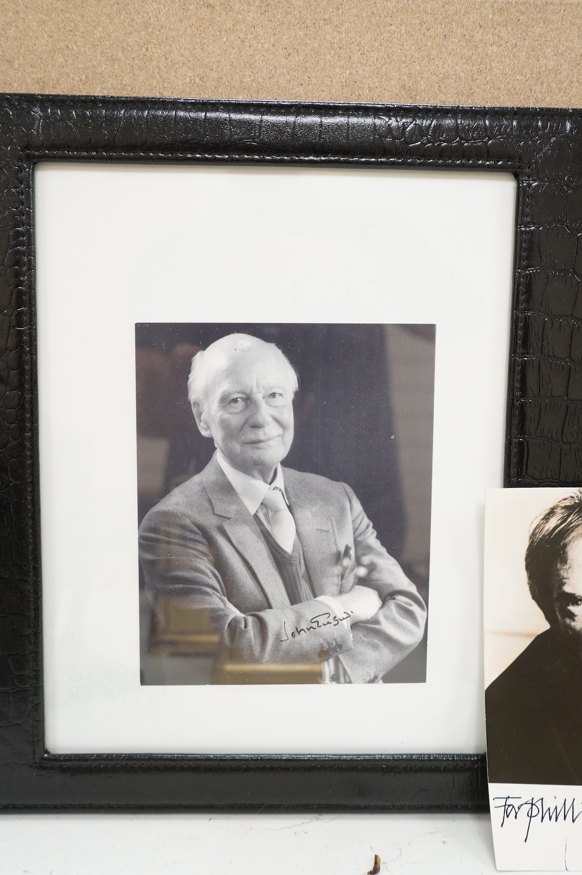 Four signed photographs to include, John Gielgud, Jonathan Pryce and Elizabeth Hurley, largest 28cm high